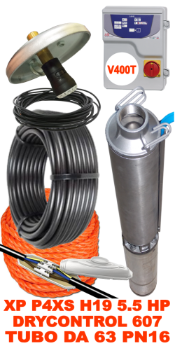 Impianto di sollevamento acqua per pozzo con pompa sommersa antisabbia X-Power WP P4XS H19 - 5,50 HP trifase - motore watercooled